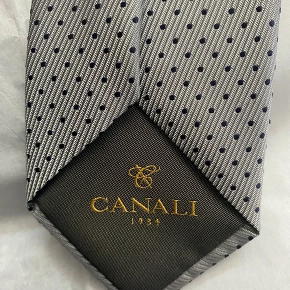 Canali 1934 Seven Fold Gray & Black Pin Dot Silk Tie 3.5wide X 58/Italy